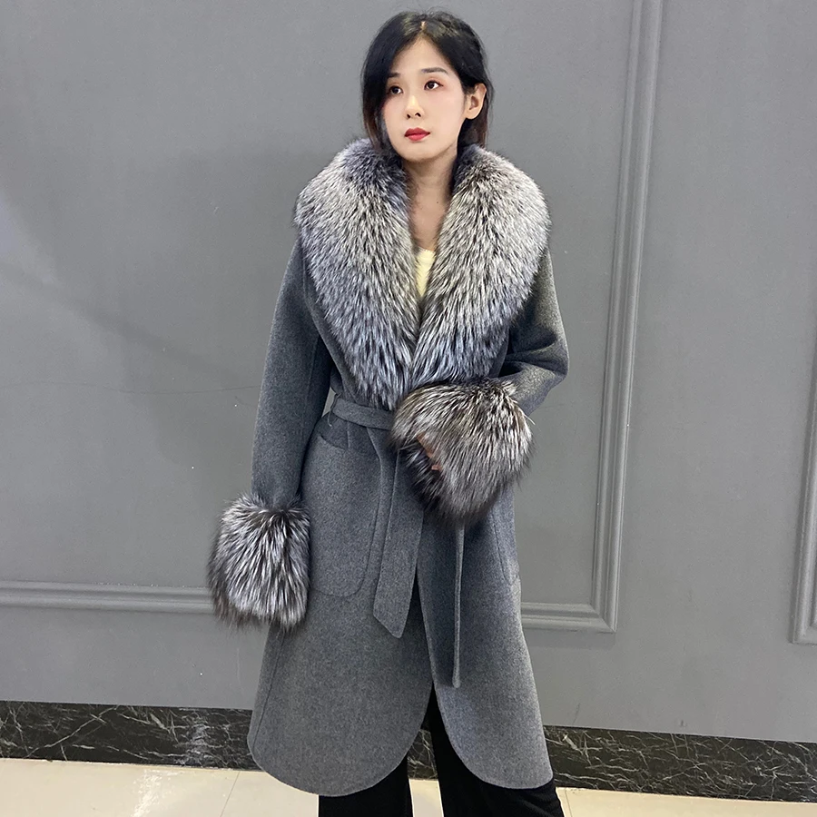 

Wool Blend Coat Jacket With Natural Fox Fur Collar And Cuffs Winter Warm Fashion Knee-Length Fur Cardigan 2022 New Arrival