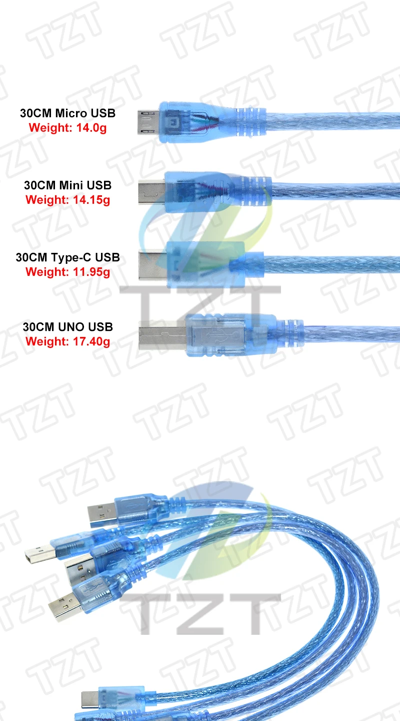 30 cm langes USB-Kabel für Uno R3/Nano/MEGA/Leonardo/Pro Micro/DUE Blau, hochwertiges A-Typ-USB/Mini-USB/Micro-USB-Kabel für Arduino – Detail 1