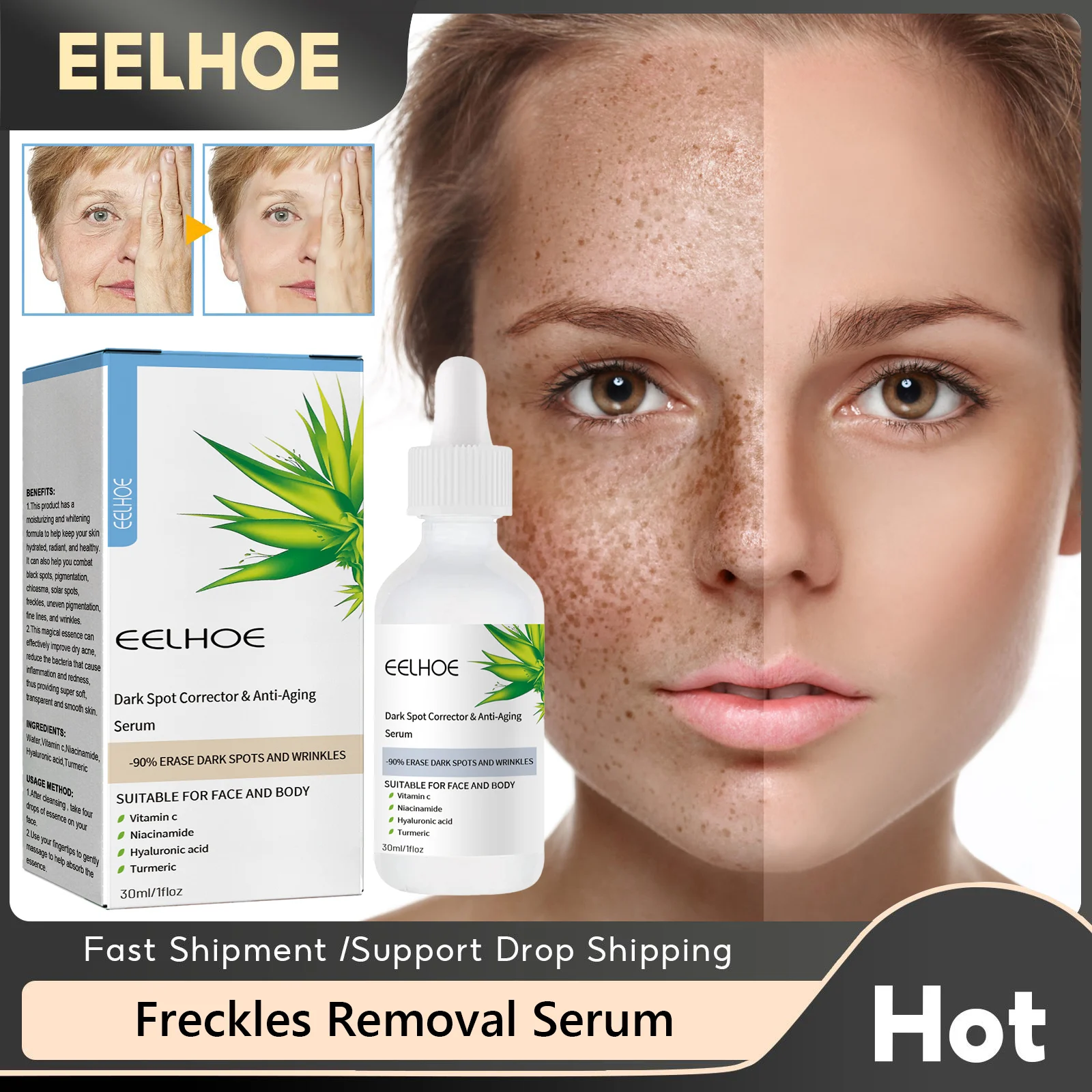 Freckles Removal Serum Whitening Fade Fine Lines Brighten Lighten Melanin Improve Dull Anti Aging Remove Dark Spots Face Essence