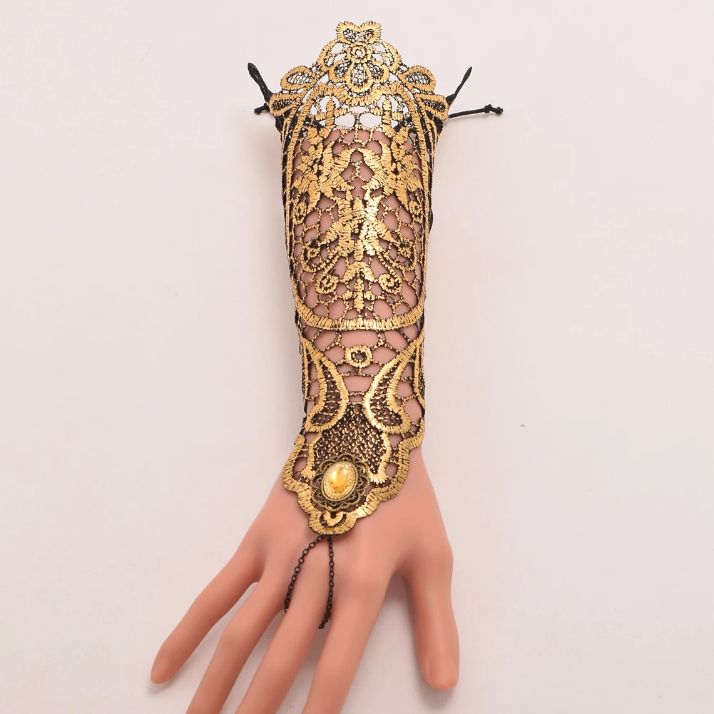 Medieval Golden Lace Gloves Vintage Gothic Queen Cosplay Accessory Victorian Armband Bracer