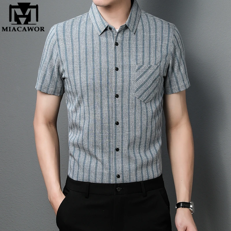 

New Summer Short sleeve Shirts For Men Business Casual Linen Shirt Slim Fit Striped Camisa MasculinaMen Clothing C858