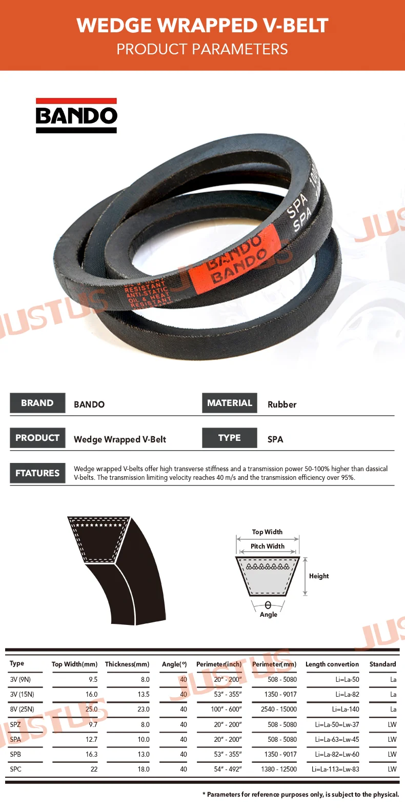 スパ用BANDO-Vベルト,13mm x 10mm,707lw/732lw/757lw/782lw