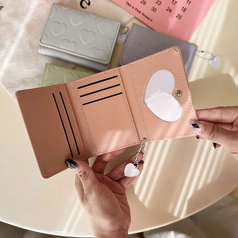 Stylish Heart Pattern Short Wallet, Solid Color Trifold Coin