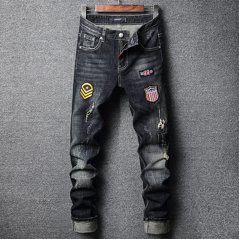 Street Fashion Men Jeans Retro Black Blue Elastic Slim Fit Vintage Ripped Jeans Men Patches Designer Hip Hop Denim Pants Hombre