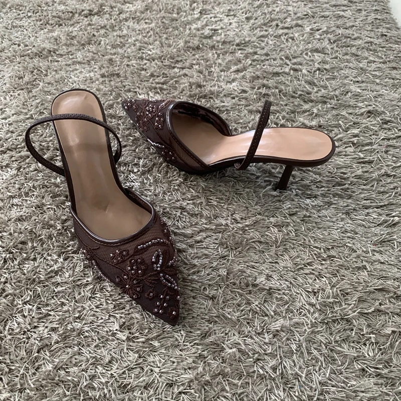 2026 String Bead Mesh Embroider Slingback High Heels Women Sexy Pointed Toe Heeled Sandals Summer Elegant Luxury Designer Shoes