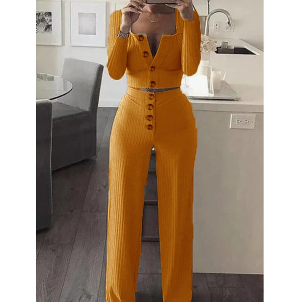 Summer Women Casual Single Breasted Long Sleeve Crop Top & Button Front High Waist Pants Set Femme Skinny Two Pieces Set Outfits