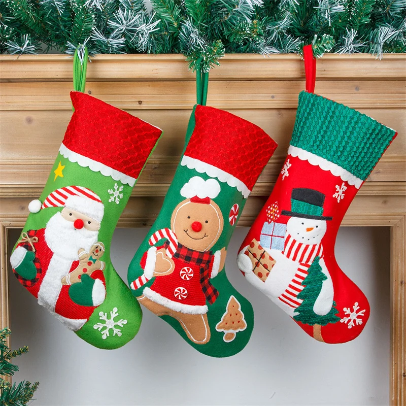 

2024 Large Christmas Stocking Socks Fireplace Decoration Gift Candy Bag Snowman Santa Tree Hanging Ornament Socks Xmas Gift