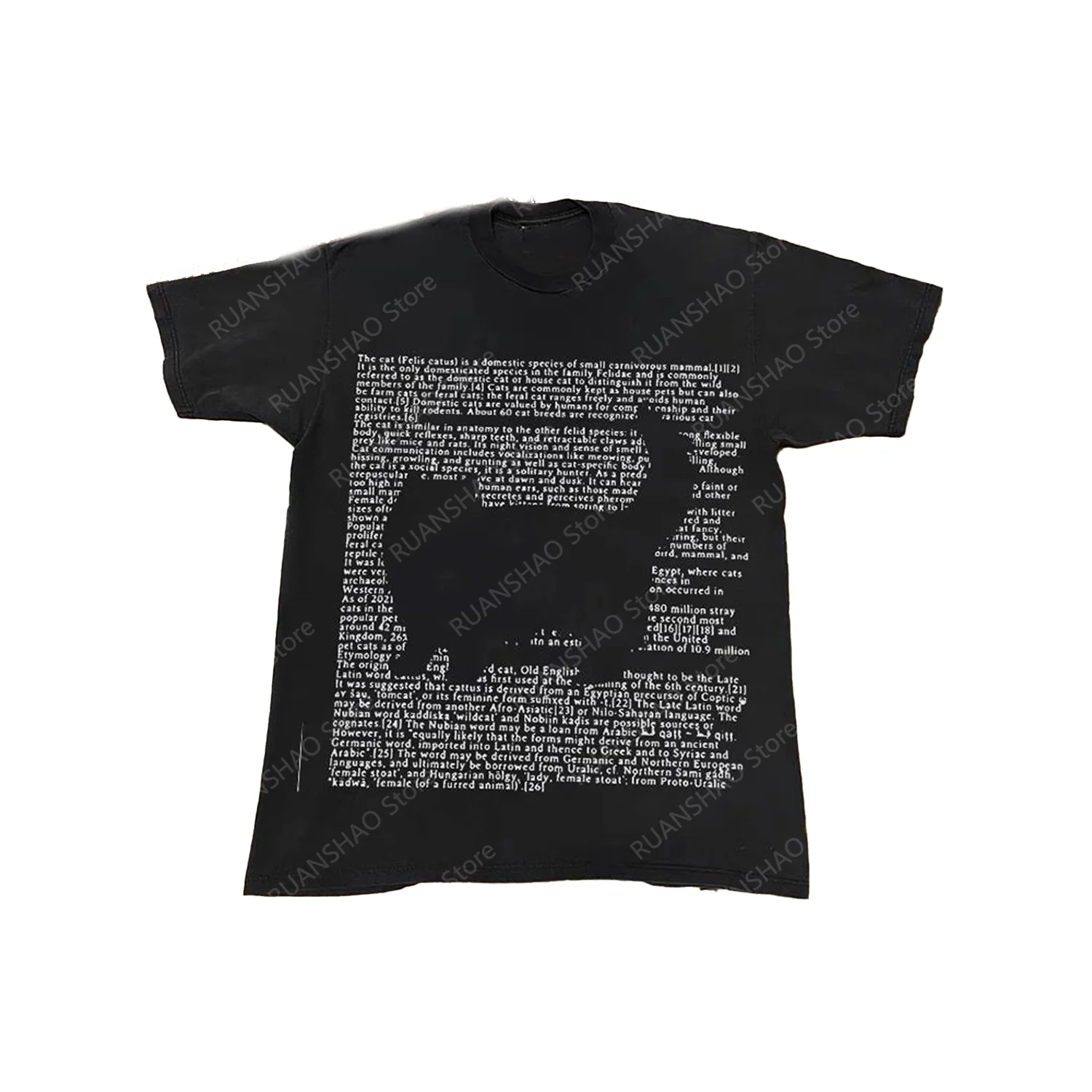 Letter&Kitten Print T-Shirt Summer Comfort Cute Short Sleeve Round Neck Cotton Top Women Man Lovers' Clothes Tee