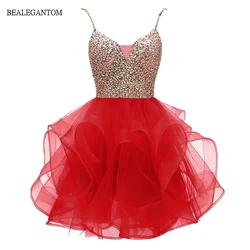 Bealegantom Homecoming Prom Dresses Organza Beaded V-Neck Cocktail Short Formal Graudation Party Gowns QA2022-6