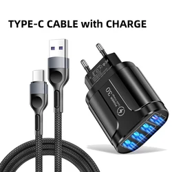 Universal 4 - Port 45W USB Wall Charger with Fast Charge QC 3.0 - EU/US Plug Adapter - EU Charger and Cable