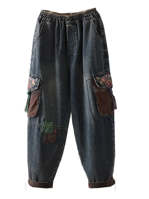 Women's Retro Embroidered Denim Harlan Pants Elastic Waist Heavy Work Cotton Blend Casual Straight Leg Trousers for Autumn