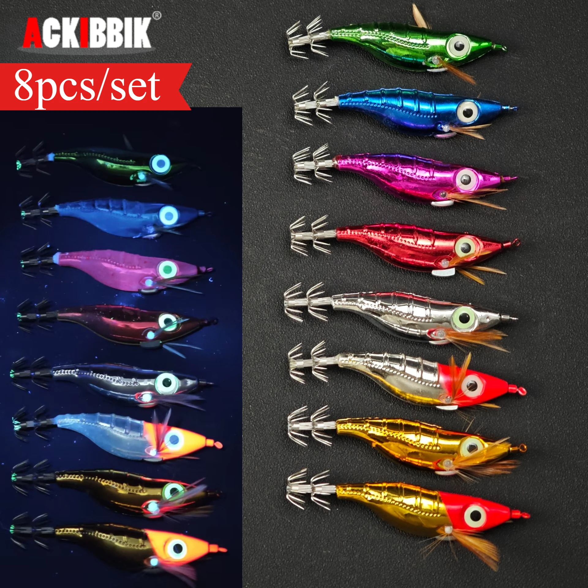 8-teiliges Set Laser-Beschichtete Tintenfisch-Jigs, 10cm Leuchtende Eging-Köder für Sepia, Oktopus, Salzwasser-Angeln, Garnelen-Angelausrüstung