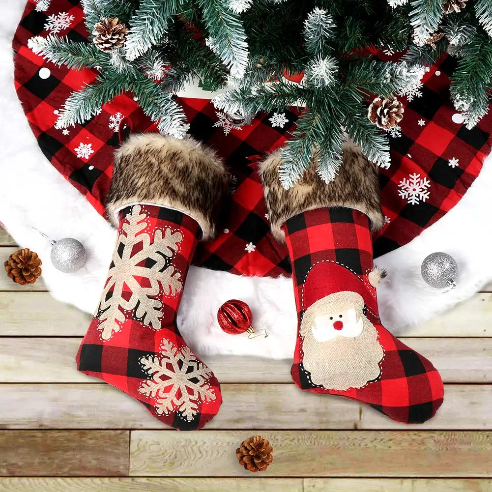 

OurWarm Christmas Stocking Red Black Buffalo Plaid Kids Gift Candy Bag with Plush Faux Fur Cuff Family Xmas Party New Year Decor