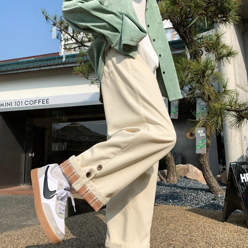 

2022 Men's Plaid Corduroy Fabric Loose Cargo Casual Pants Fashion Trend Sweatpants Elastic Waist Oversized Style Trousers M-3XL
