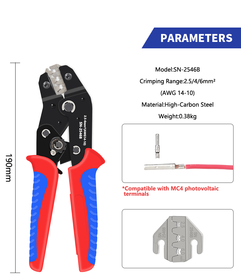 Description Picture 3 of itemSN-2546B solar photovoltaic MC4 terminal crimping pliers (2.5/4/6mm ²) AWG14-10 Solar Panel Sealing Connector Crimping Tool