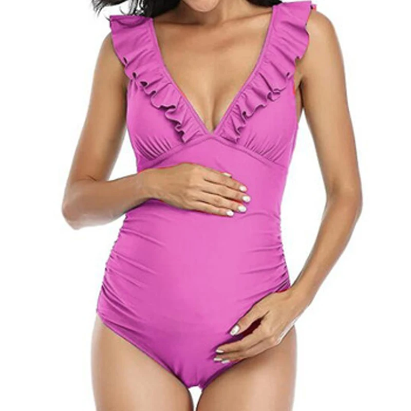 Maternity Swimsuit One Piece Ruffle V Neck Swimwear Lace Up Back Bathing Suit Monokini Maternity Beach Bikini SPA