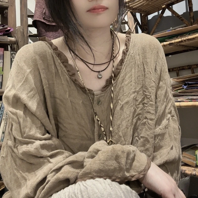 

Блузка женская с рюшами, модный топ с воротником и рукавами, свободная рубашка в винтажном стиле, Ramie Mori Girls