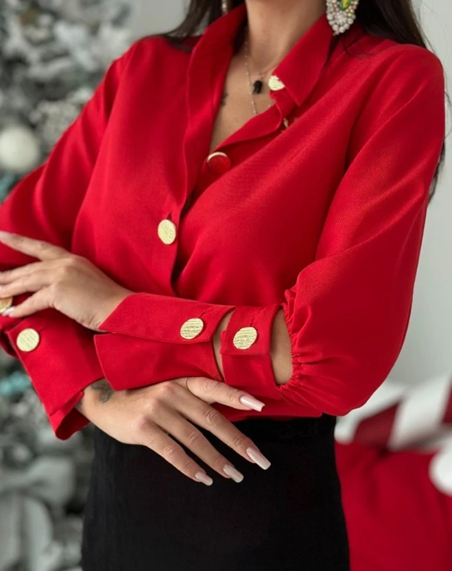Women's Buttoned Cutout Long Sleeve Top Solid Color Buttoned Cutout Long Sleeve Lapel Office Cutout Elegant Shirt Fashion New