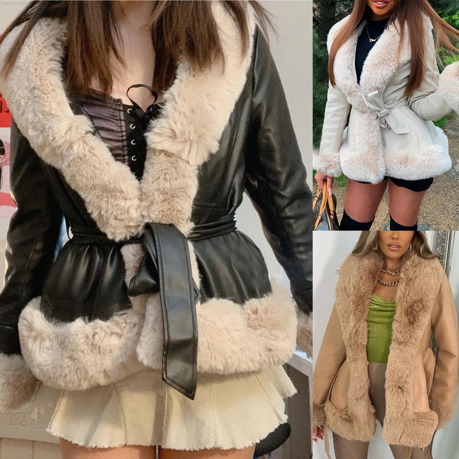 

Autumn and Winter Large Fur Collar Lace up Waist Wrapped Women's Leather Coat Splicing Slim Fit Long Sleeve Coat Women