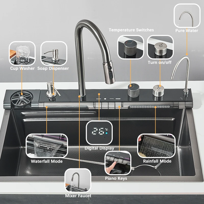 Shinesia Stainless Steel Kitchen Waterfall Sink Digital Display Large Single Sink Dish Basin Sink With Multifunction 2