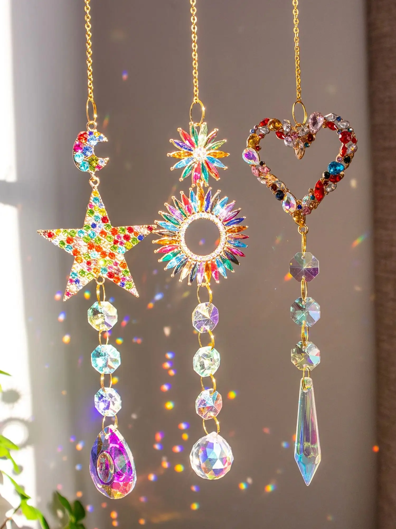 3pcs colorful diamond Love Circle Pentacle Hanging Window Sun Catcher Crystal Rainbow Maker Home decor car pendant decoration