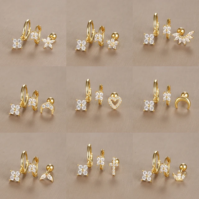 3PCS Vintage Design Four Flower Zircon Hoop Earrings Set for Women Tiny Stainless Steel Cartilage Piercing Earring Jewelry Gift 1