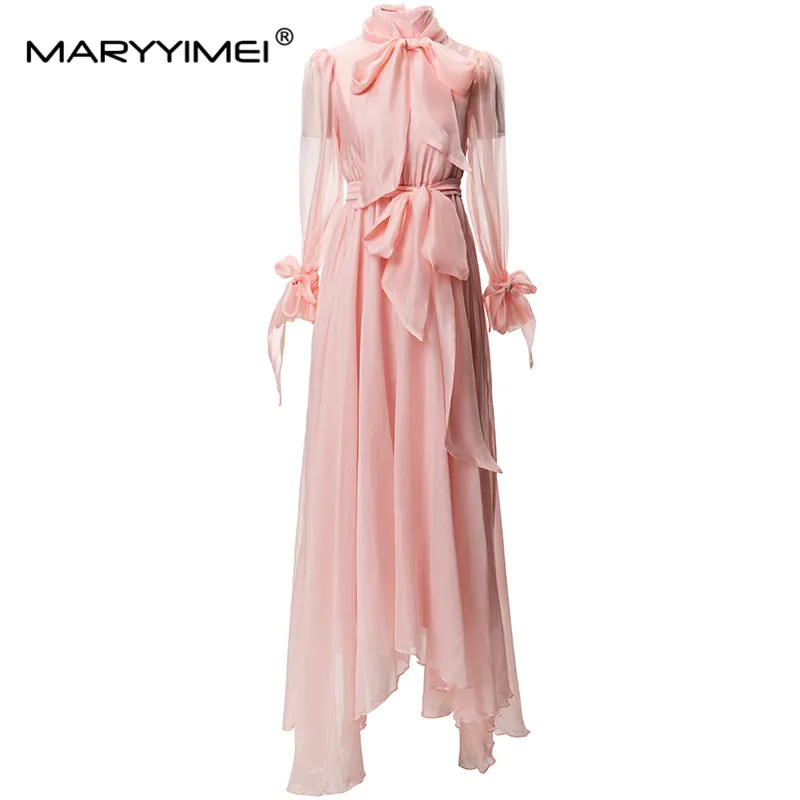 

Модные дизайнерские весенне-летние женские платья MARYYIMEI с воротником-стойкой и рукавами-фонариками, сетчатые Элегантные красные платья на шнуровке с бантом