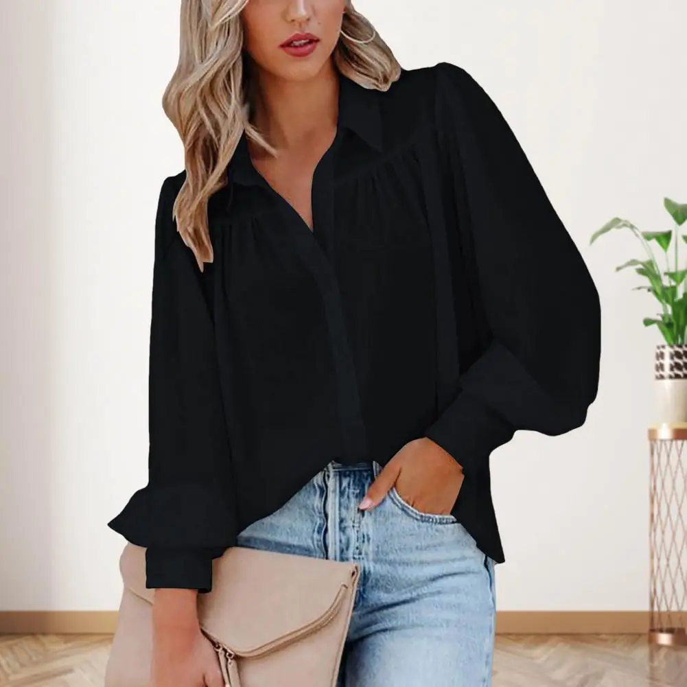 Turn-down Collar Long Sleeves Pleated Single Breasted Women Shirt Casual Lantern Sleeve Fashion Shirt Blouse Female Clothing lantern sleeve mini dress elegant v neck lantern sleeves a line mini dress for women solid color tight waist pleated big swing