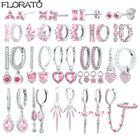 925 Sterling Silver Needle Cute Pink Crystal Pendant Earrings Sparkling Zircon Hoop Earrings for Women Fashion Piercing Jewelry