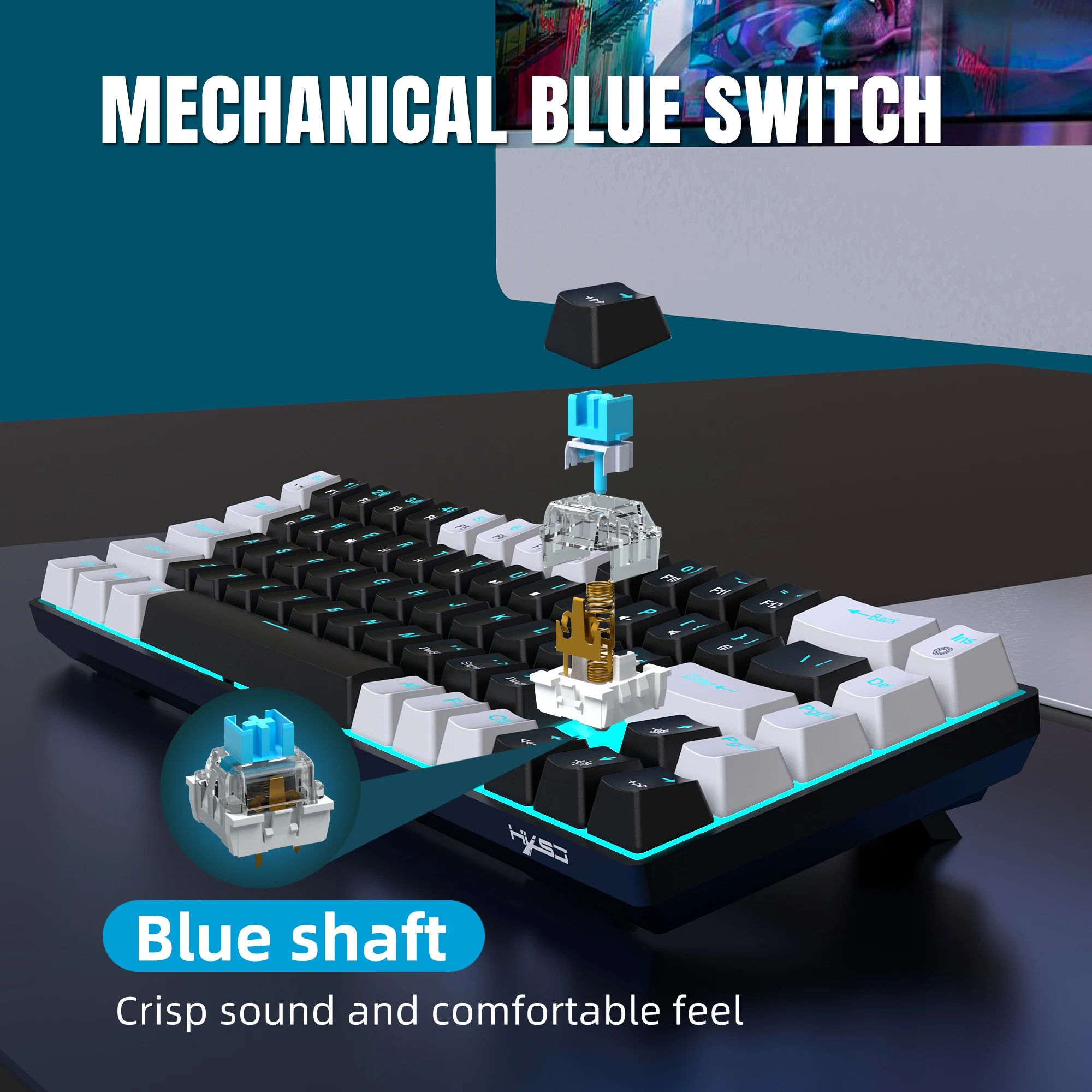 Teclado mecánico de 68 teclas ergonómicas RGB retroiluminado LED, interruptor azul intercambiable en caliente, teclado para juegos para PC, portátil y oficina