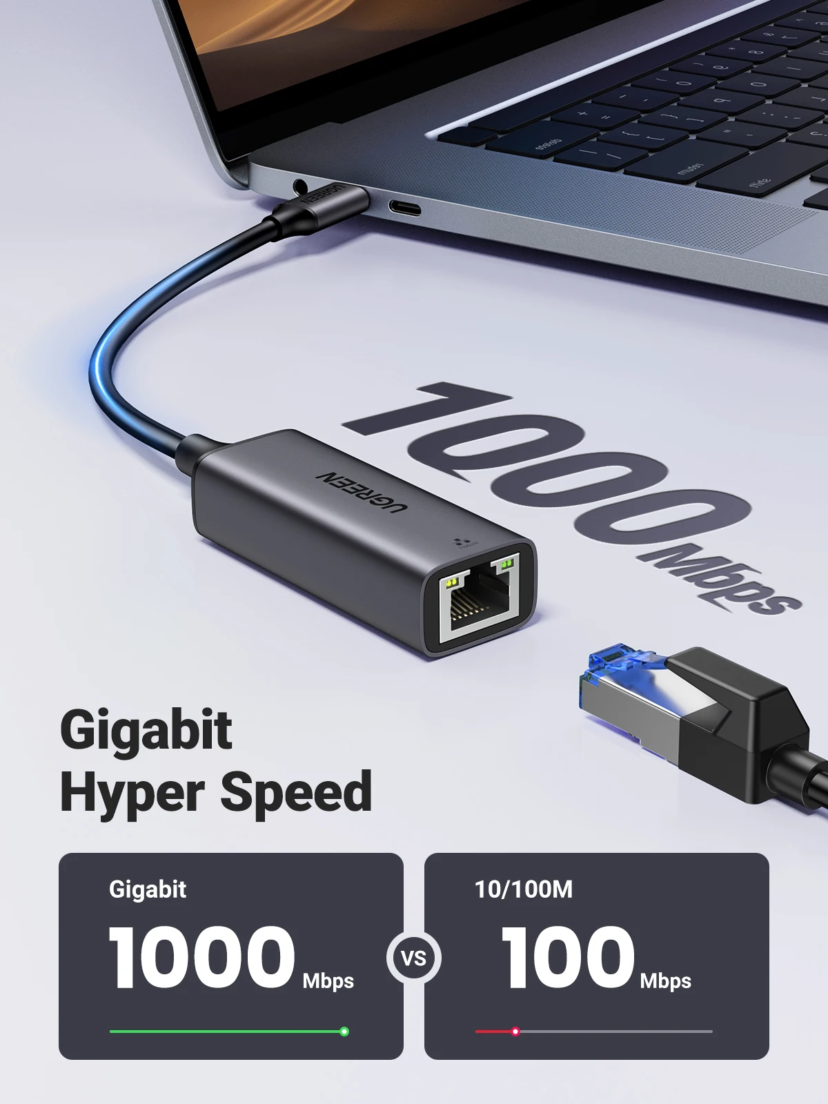 UGREEN USB Ethernet Adapter 1000/100Mbps USB Lan RJ45 For Laptop Macbook Samsung iPad USB Ethernet Network Card - 2