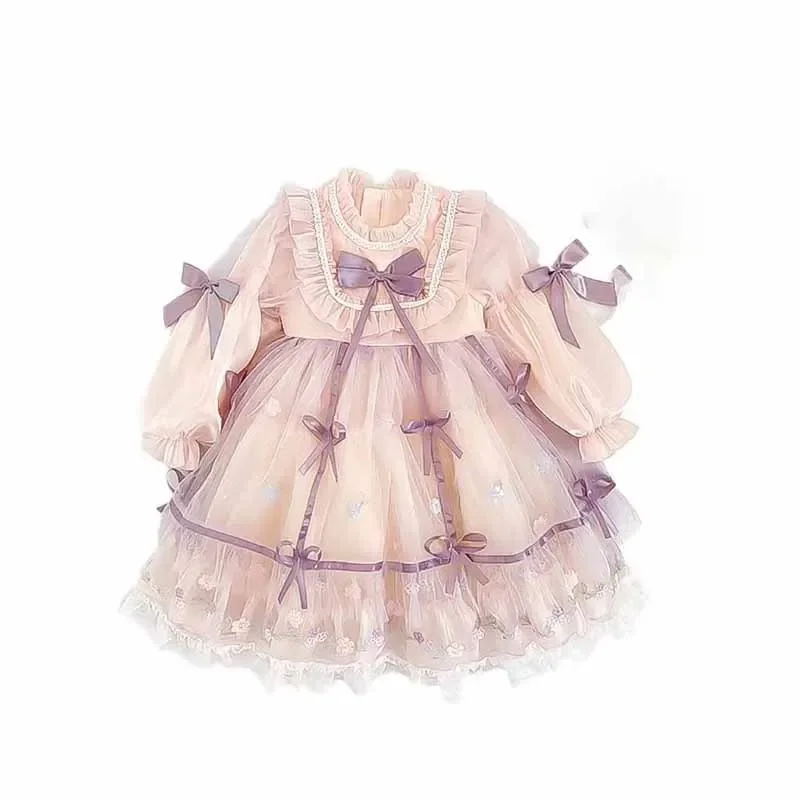 Birthday Party Lolita Sweet Dress Girls Kids Pink-purple Long Sleeve Dress Cute Princess Doll Teen For Girls 2-10Y