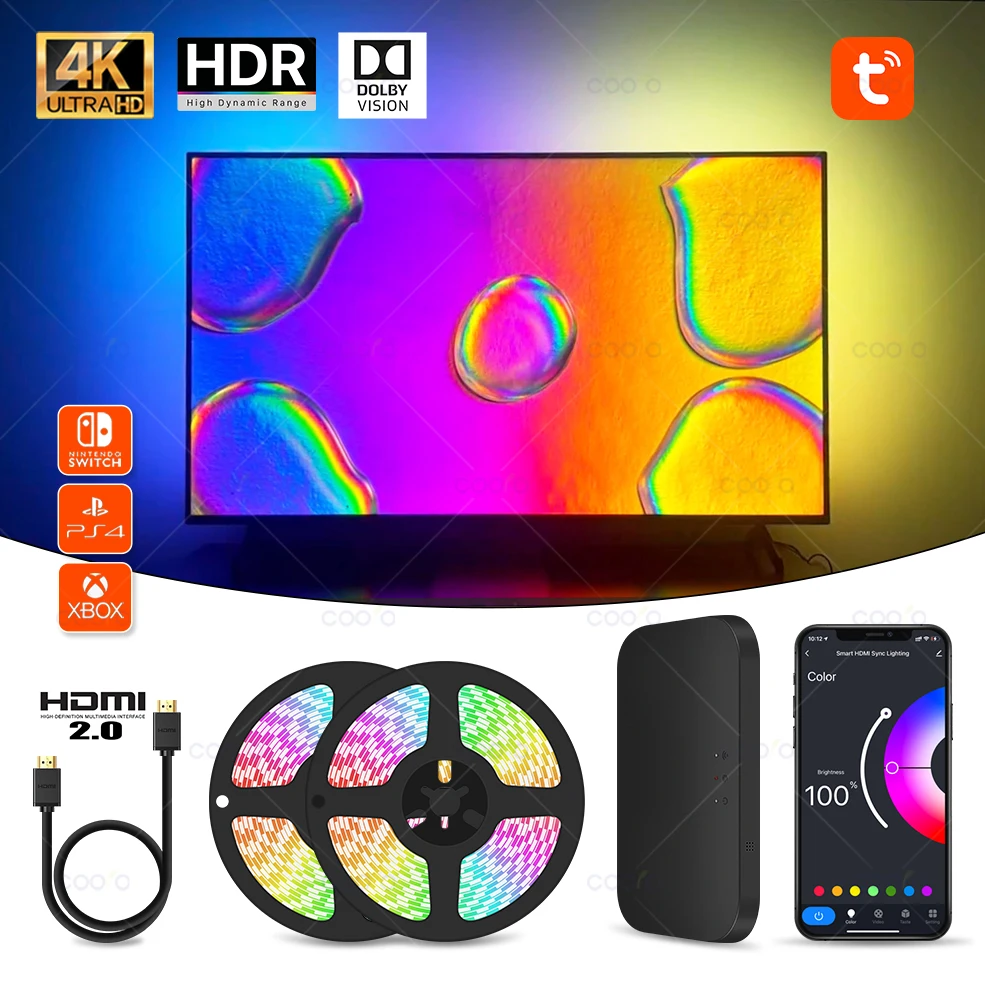 

Ambient TV PC Backlight Kit HDMI Sync Screen Color LED Strip Light works with Tuya WiFi Alexa Google Control HDTV Computer Xbox