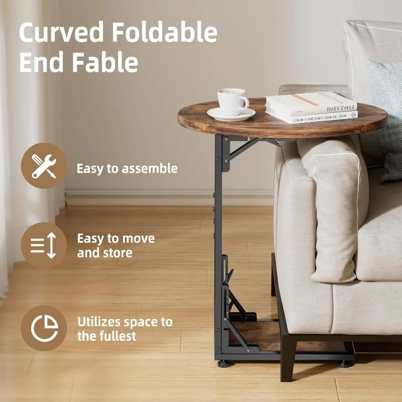 Folding Side Table End Couch Tables,Metal Frame C-Shaped TV Stand for Sofa Living Bedroom Bedside Coffee Small Spaces 5