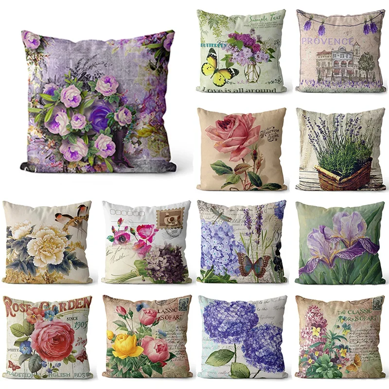 Happy Easter Day Purple Flower Pillow Case Hydrangea Lavender Rose Forest Pillowslip  Cushion Covers Sofa Living Room 1