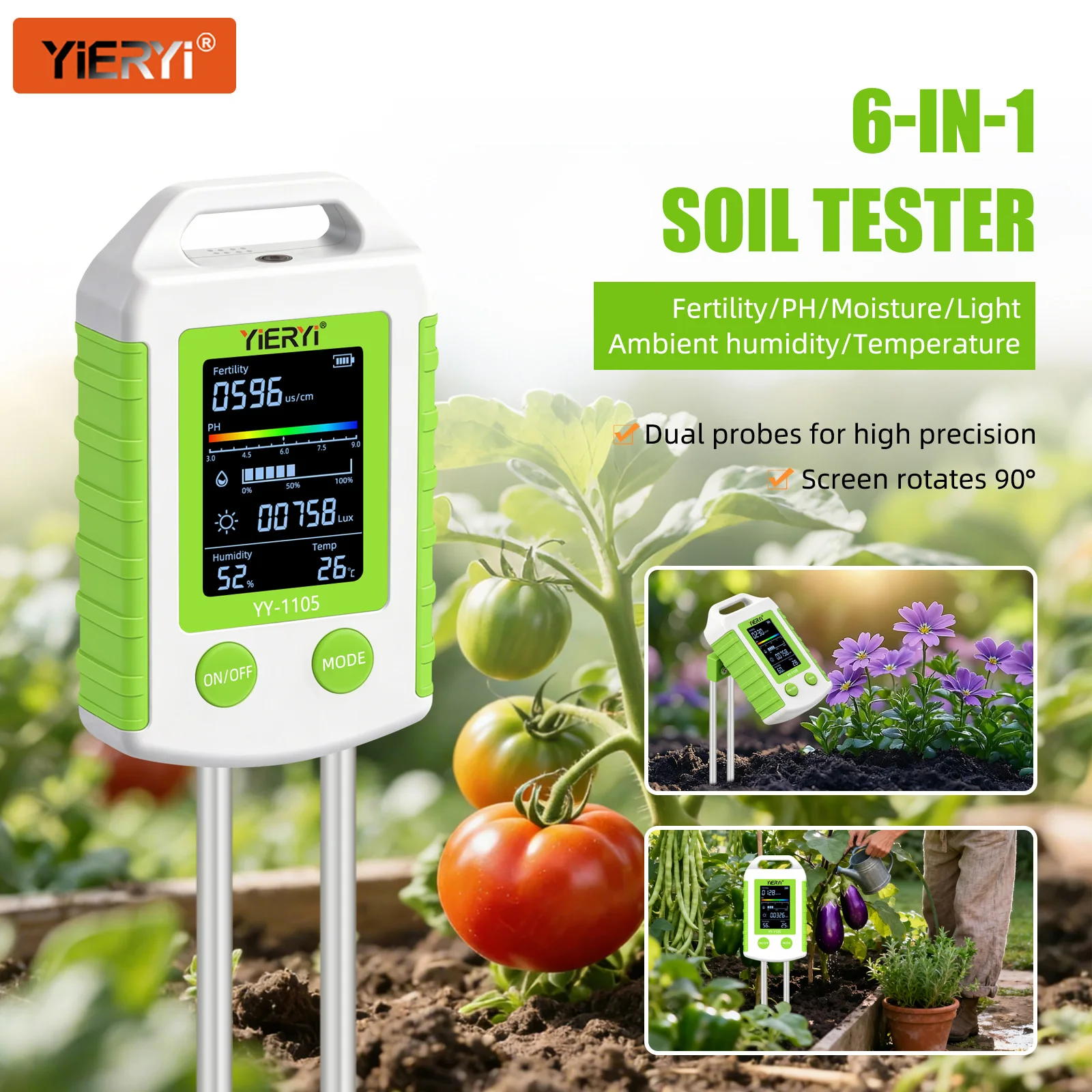 6-in-1 Soil PH Meter Fertility Temperature Humidity Light Tester 90° Rotatable L