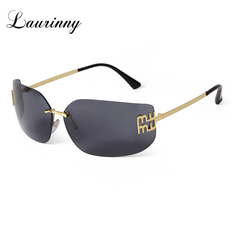 

Trend Curved Rimless Film Lens Sunglasses Women Men Brand Design Metal Rivets Gradient Frameless Rectangle Shades Sun Glasses UV