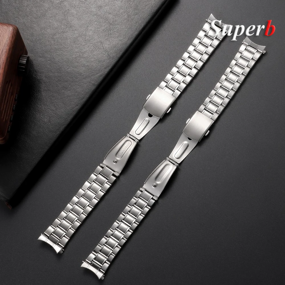 Curved End Stainless Steel Watchband with Folding Buckle - Men's Bracelet