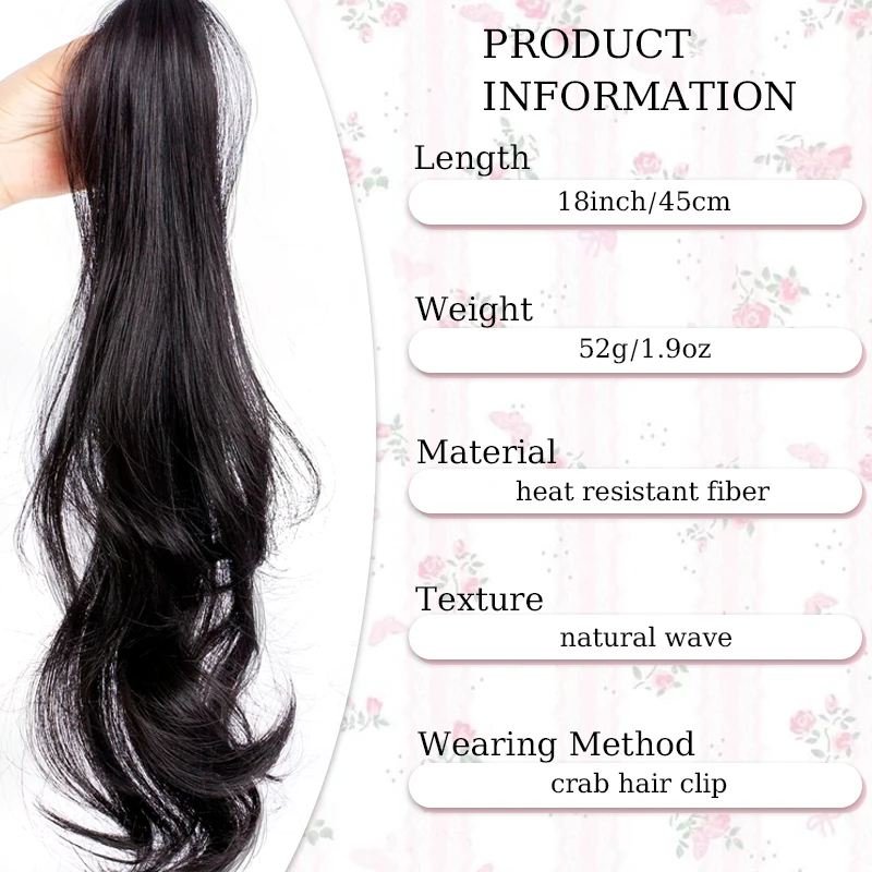 18inch Wavy Hair Ponytail Wig Synthetic Hair Extensions with Claw Clip Crab Hair Clips Ponytail Hairpiece for Women Daily Use