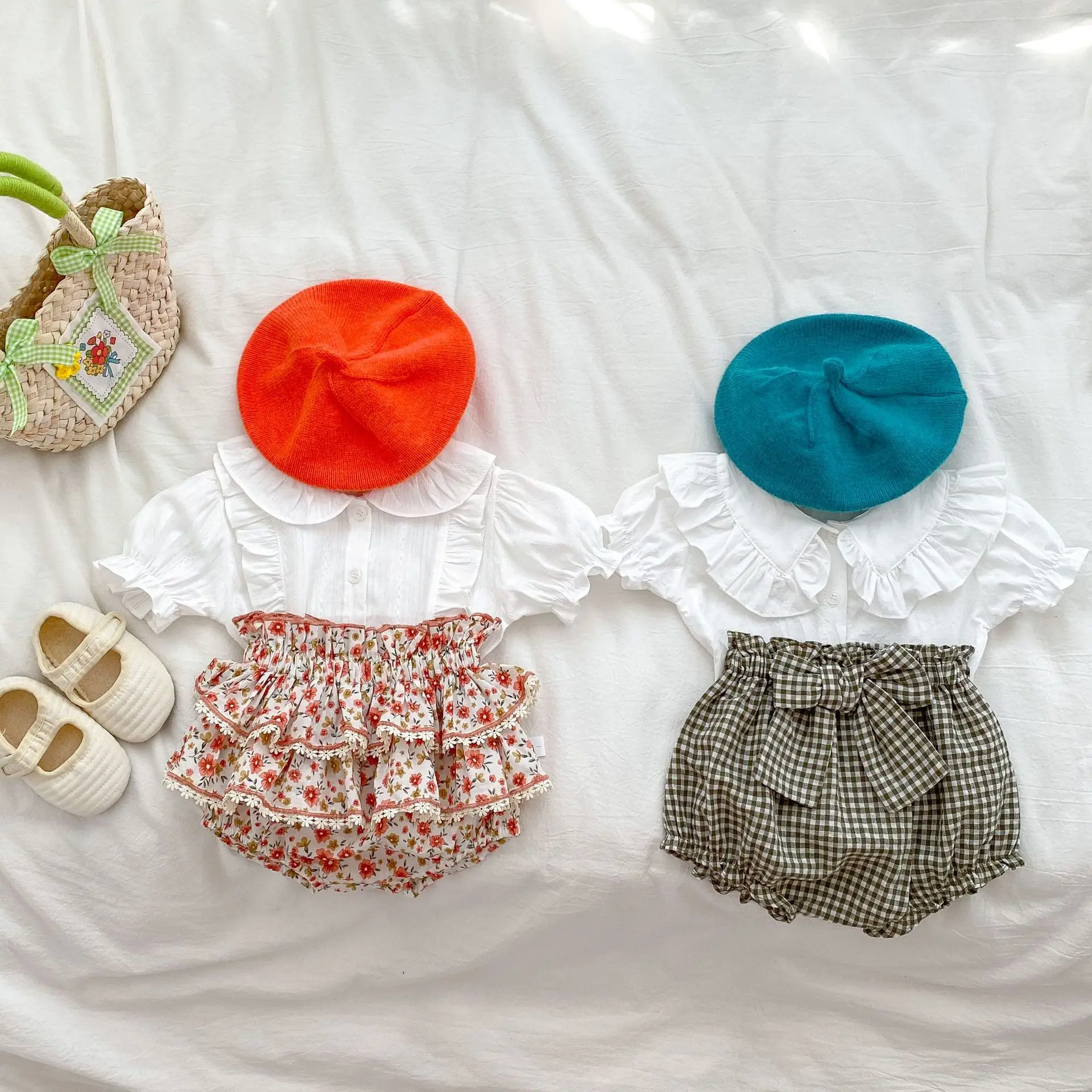 

2023 Summer Baby Girls Two Piece Clothes Fashion Toddler White Puff Sleeve Shirt Ruffle Collar Tops Infant Plaid Floral Shorts