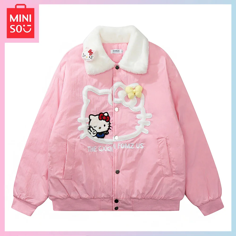

Miniso Cartoon Hellokitty Embroidery Cotton Padded Clothes Autumn Winter Warm Loose Coat Male Female Couples Christmas Gift