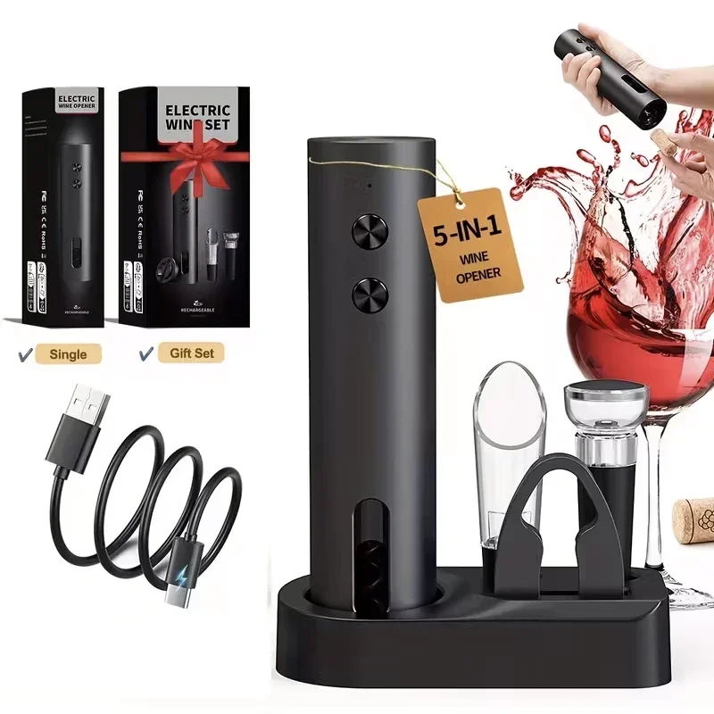 Rechargeable Electric Wine Opener with Foil Cutter Wine Pourer Vacuum Stopper USB-C Charging for Home Kitchen