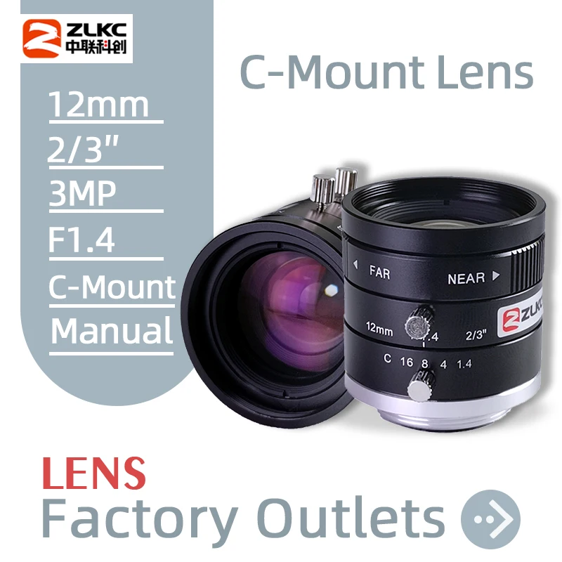 

ZLKC 3.0Megapixel C Mount 12mm 2/3" FA Machine Vision Fixed Focal Length Lenses Industrial Camera Lens F1.4 Manual Iris CCTV 3MP