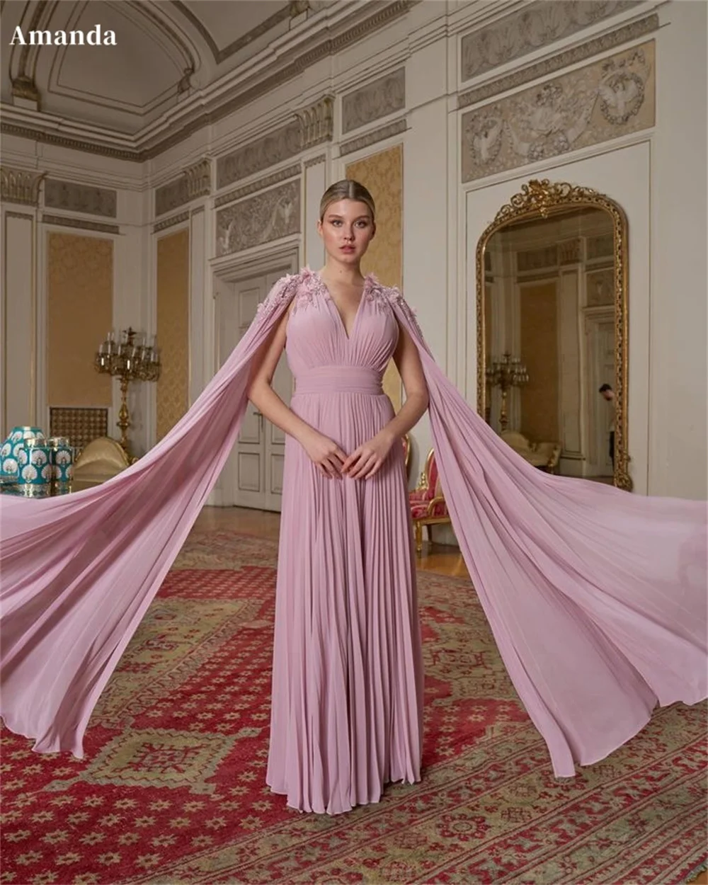 

Amanda Pink Chiffon vestidos de noche Long Shawl V-Neck A-line Prom Dresses Elegant Sleeveless Floor-Length Formal Evening 2024