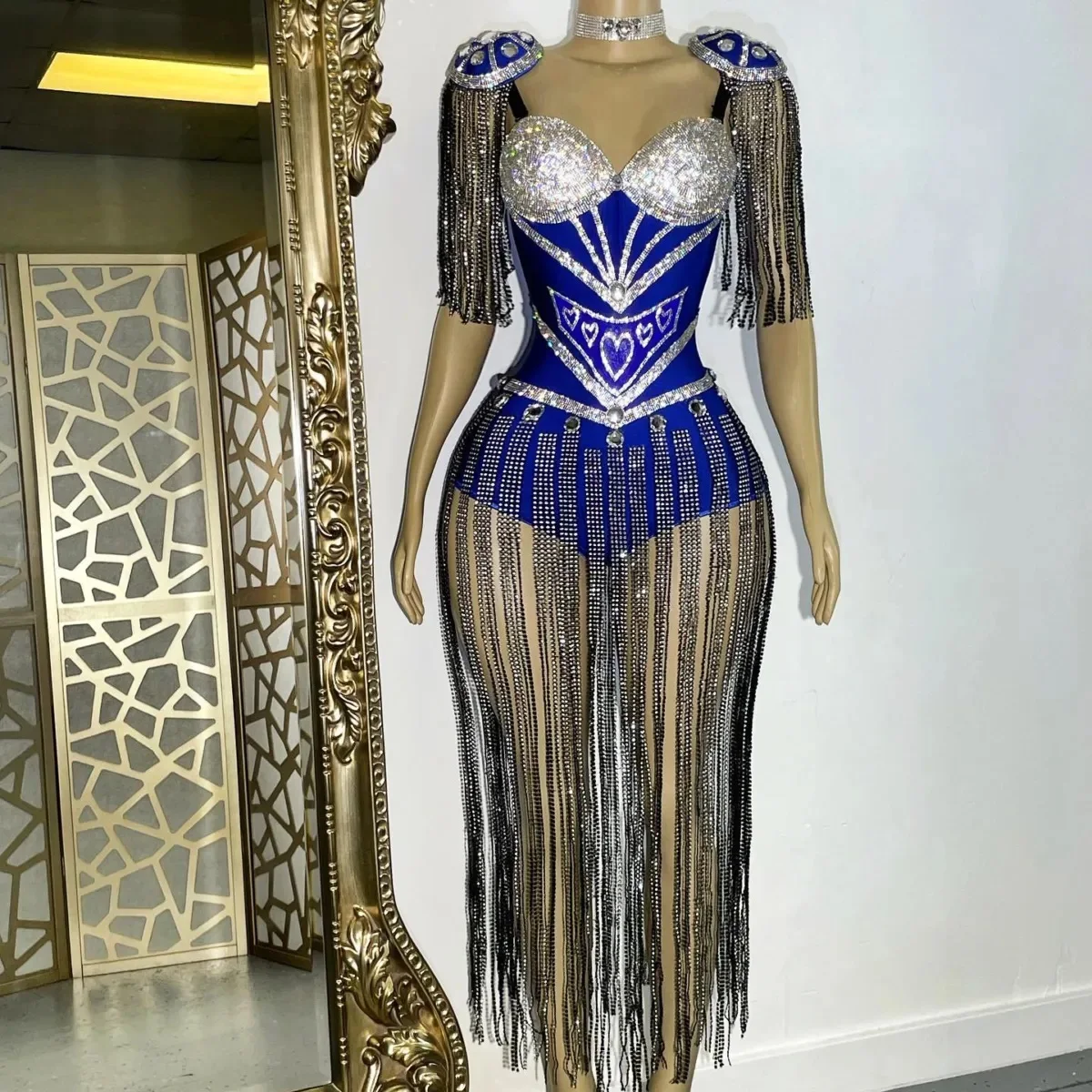2024 Fashion Bar Sparkly Tassel Diamante Nightclub Sexy Dance Bodysuit Dance Troupe Samba Sexy Stage Leotard Stage Wear Taoxin