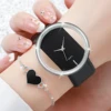 4pcs/Set Simple Style Women's Leather Strap Quartz Watch Heart Bracelet 4