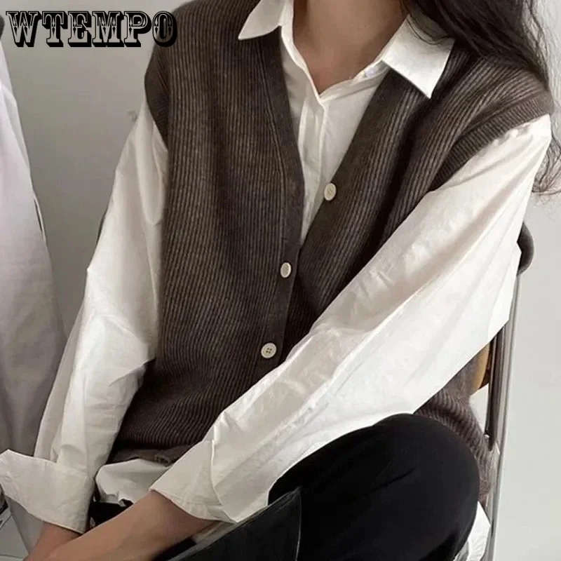 WTEMPO New Knitted Vests Office Ladies Japanese Style V-Neck Button Cardigans Coats Women's Spring Fall New Elegant Sweater Vest