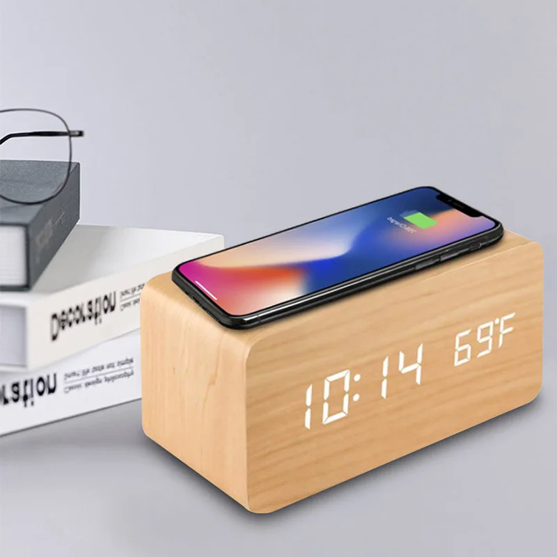 Wooden Digital Alarm Clock with Wireless Charging, LED Clock with Time
