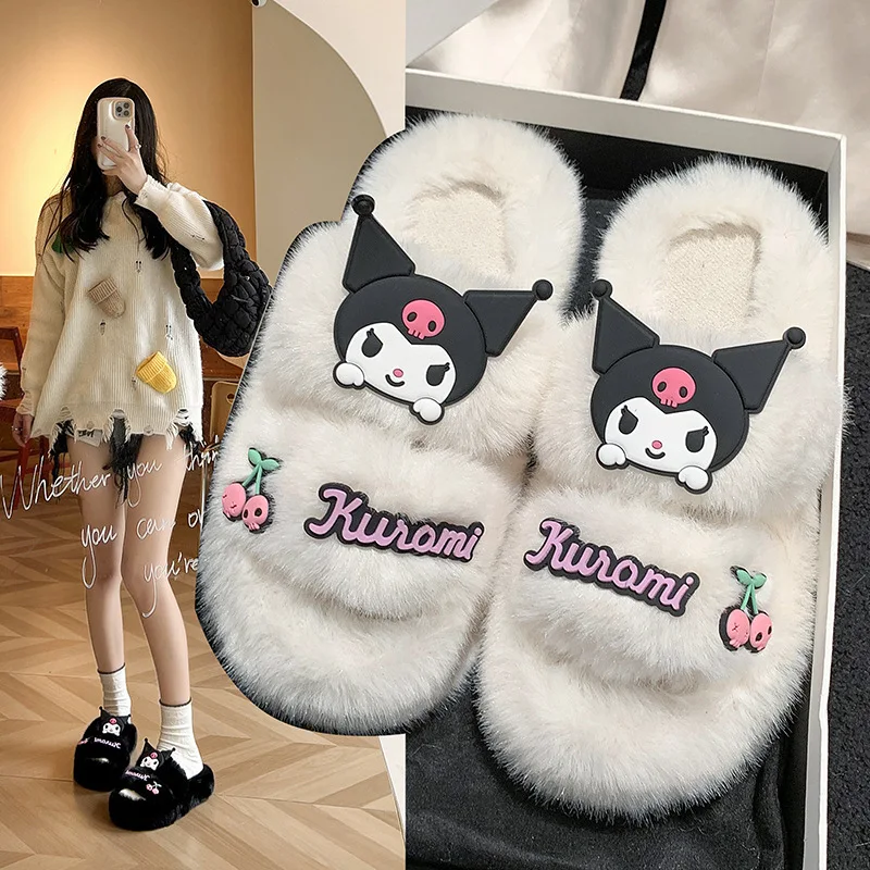 

Lovely Kuromi External Penetration Plush Slippers Female Autumn Winter Fashion Girl Flat Bottomed Slippers Cartoon Women's Shoes