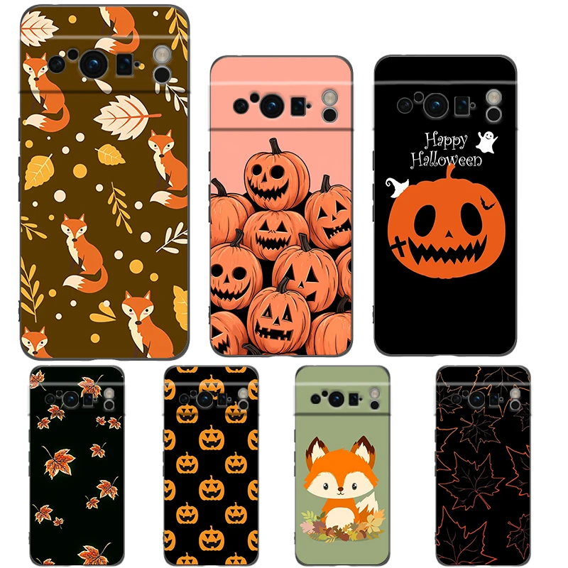 Autumn Fox Pumpkin Halloween Themed Shockproof Phone Case – Soft Silicone Black Cover